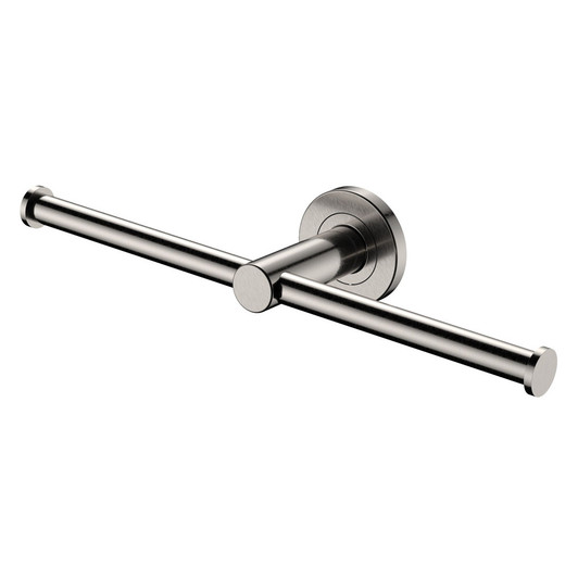 Brushed nickel round double toilet roll holder.