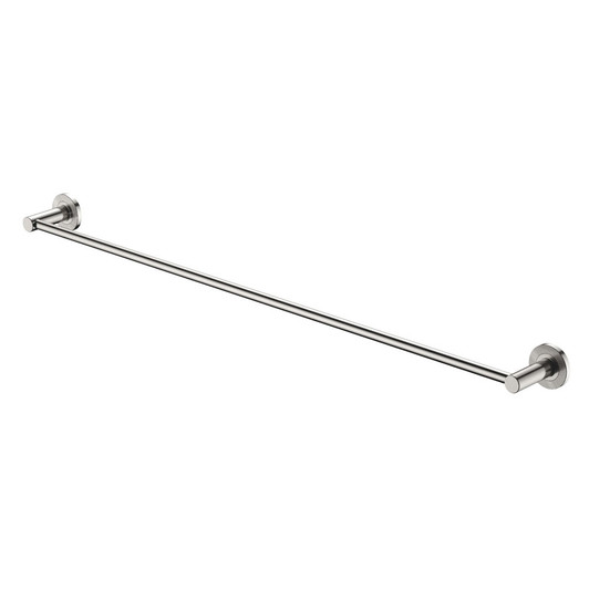 Brushed nickel round single towel rail.