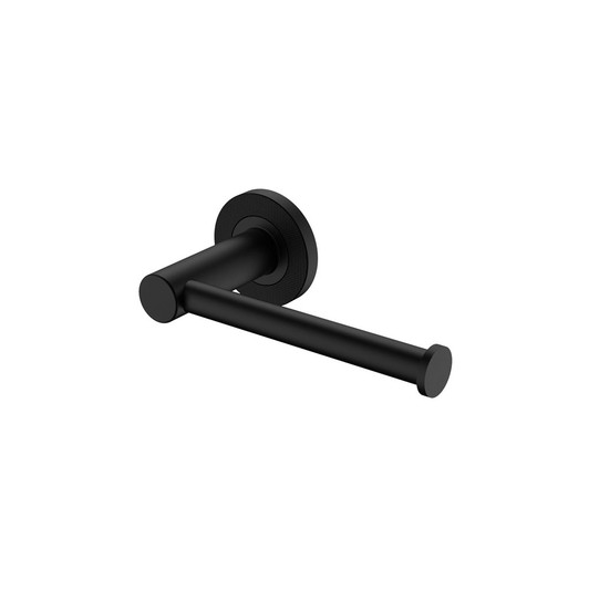 Matte black toilet roll holder. Round wall plates and rail.