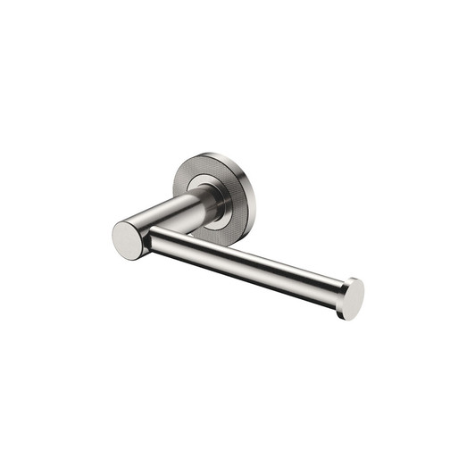 brushed nickel toilet roll holder. Round wall plates and rail.