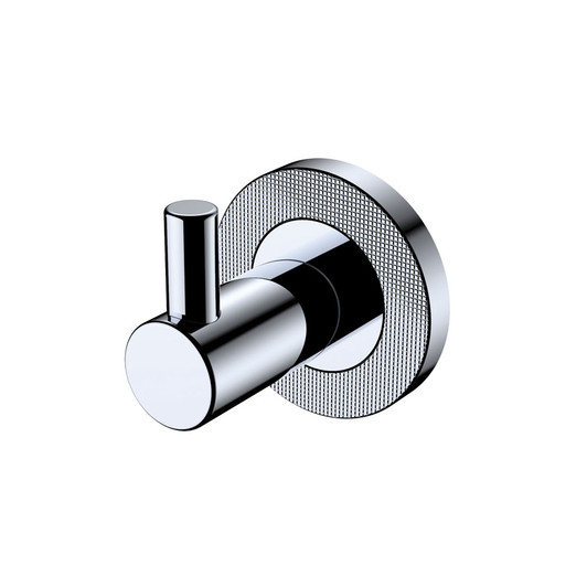 Chrome robe hook. Round rail and textured wall plates.