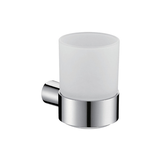 Frosted glass tumbler with solid round chrome wall mount holder Frosted glass tumbler with solid round chrome wall mount holder