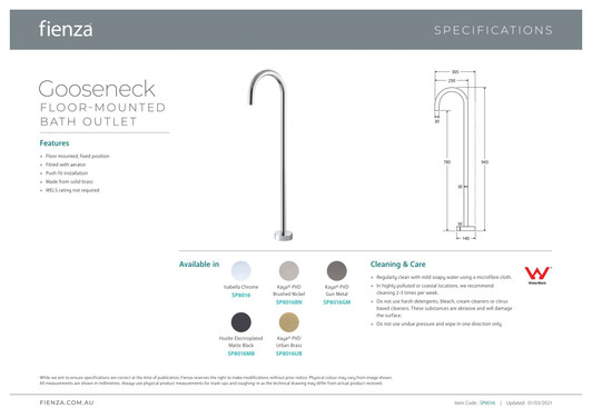 Specification sheet for the Isabella Floor Mounted Bath Outlet by Fienza. Specification sheet for the Isabella Floor Mounted Bath Outlet by Fienza.