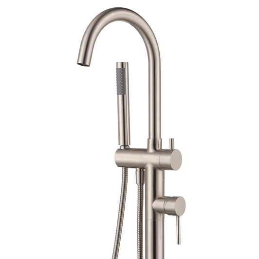 Close up of the brushed nickel, round floor mounted goose-neck bath spout with mixer and hand held shower head. The diverter (pin lever up) sits above the mixer (pin lever down) and across from the hook for the shower head.