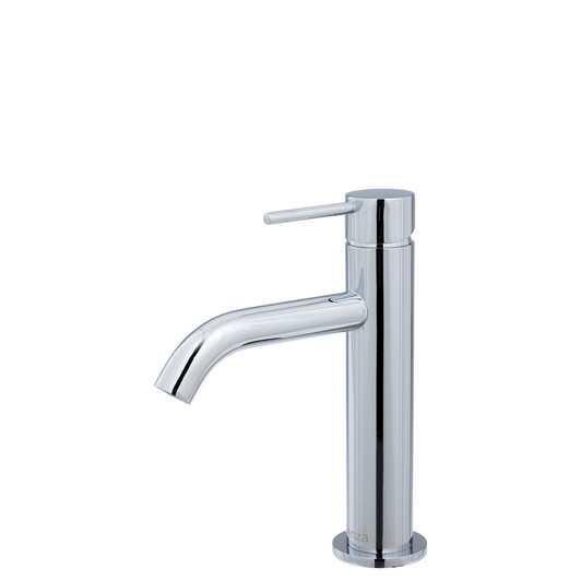 Product image of the Kaya Basin Mixer in chrome. A round body with pin handle and slightly bent round spout.