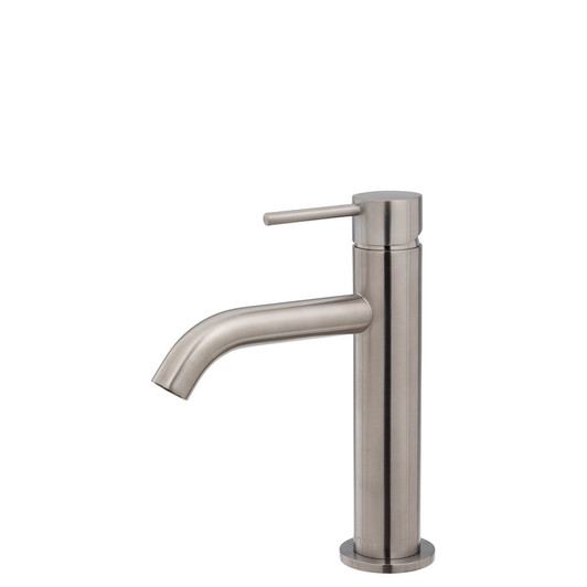 Product image of the Kaya Basin Mixer in brushed nickel. A round body with pin handle and slightly bent round spout.