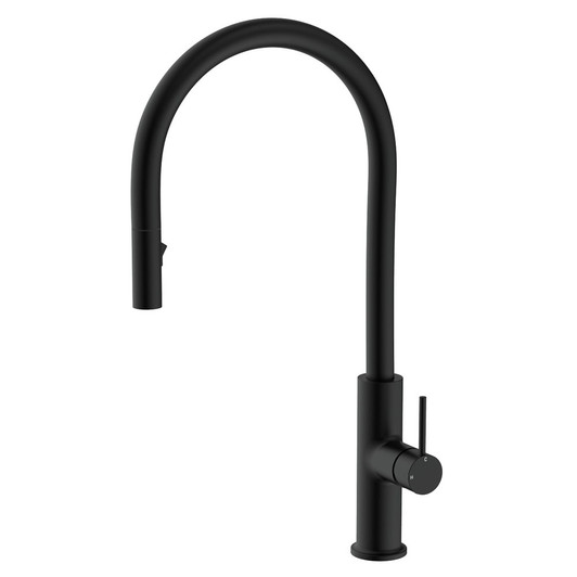 Matte black gooseneck kitchen sink mixer with pin handle. Matte black gooseneck kitchen sink mixer with pin handle.
