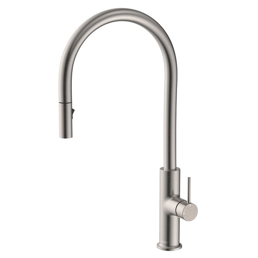 Brushed nickel gooseneck kitchen sink mixer with pin handle. Brushed nickel gooseneck kitchen sink mixer with pin handle.