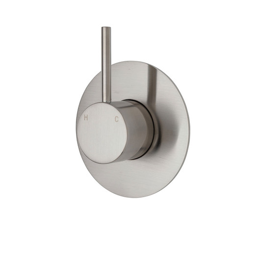 Brushed nickel round mixer with small round pin handle mixer pointing upwards and large round backing plate.
