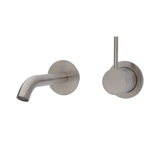 Brushed nickel round outlet with round pin handle mixer pointing upwards. 160mm reach.