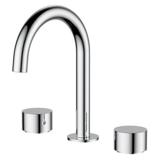 Product image of the Kaya Basin Tap Set in chrome. A hook spout with round disk taps.
