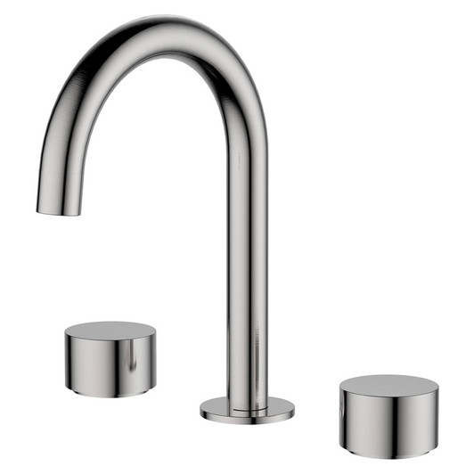 Product image of the Kaya Basin Tap Set in brushed nickel. A hook spout with round disk taps.