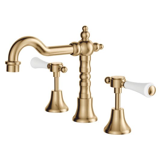 Product image of the Lillian Lever Basin Set in urban brass. A Shepherds crook neck traditional spout with white lever handle taps.