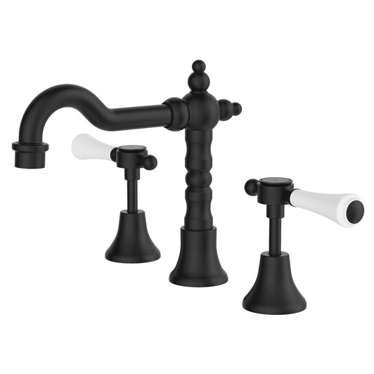 Product image of the Lillian Lever Basin Set in matte black. A Shepherds crook neck traditional spout with white lever handle taps.