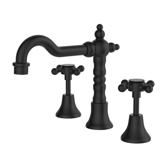 Product image of the Lillian Basin Set in matte black. A Shepherds crook neck traditional spout with cross handle taps.