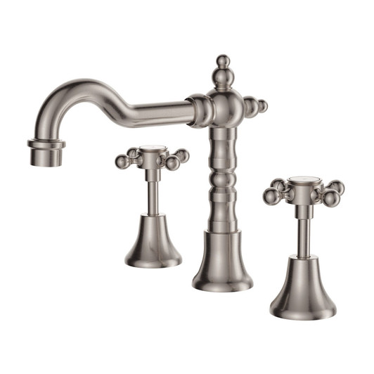 Product image of the Lillian Basin Set in brushed nickel. A Shepherds crook neck traditional spout with cross handle taps.