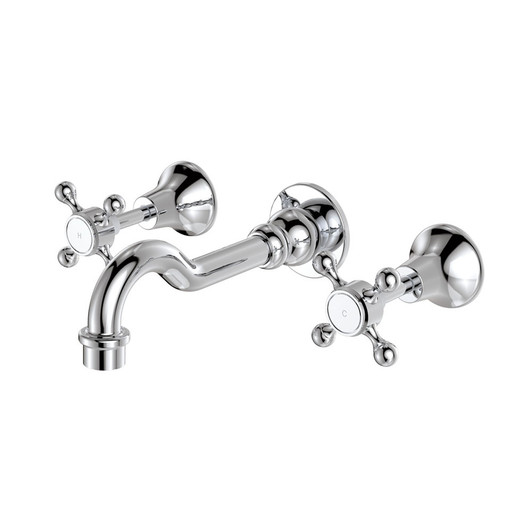 Chrome, wall mounted basin or bath set, cross handle with shepherds crook spout.