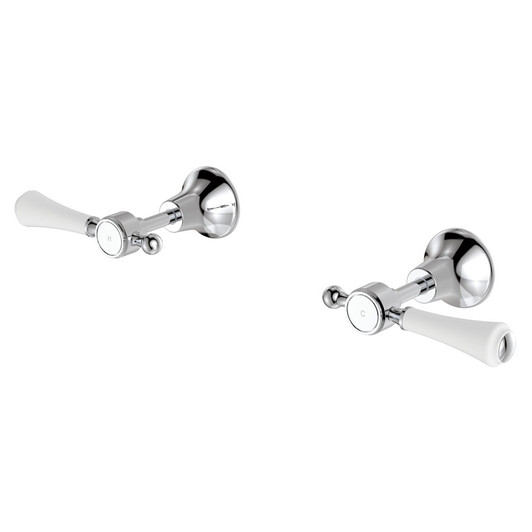 Chrome traditional lever set with white accents on handles.