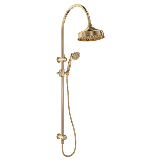 Urban brass tradition style, hand held shower head on a rail with rain style overhead shower.