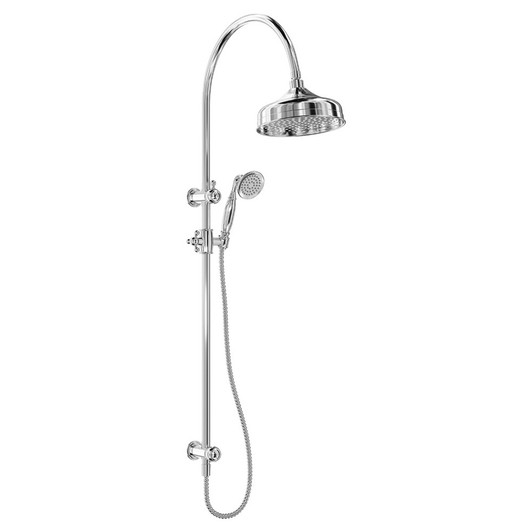 Chrome tradition style, hand held shower head on a rail with rain style overhead shower.