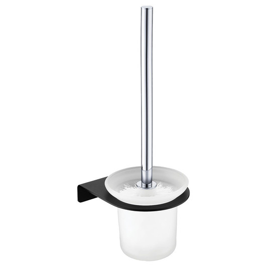 Wall mounted, matte black holder with frosted glass tumbler for toilet brush.
