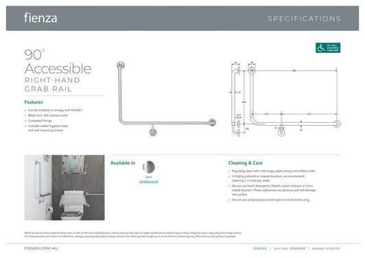Specification sheet for grab rail. Specification sheet for grab rail.