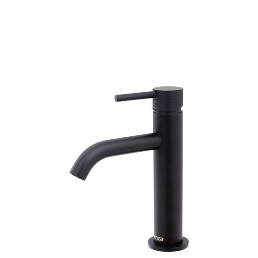 Product image of the Axle Basin Mixer in matte black, round body with a slightly bent round spout and a round pin handle.