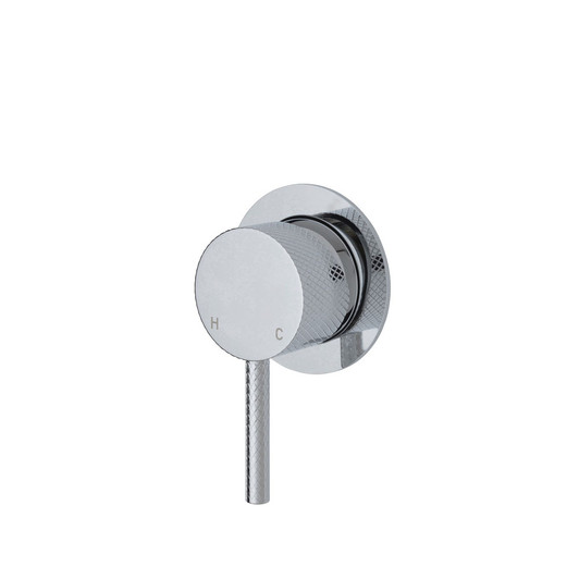 Chrome textured, wall mixer with pin handle and small round plate.