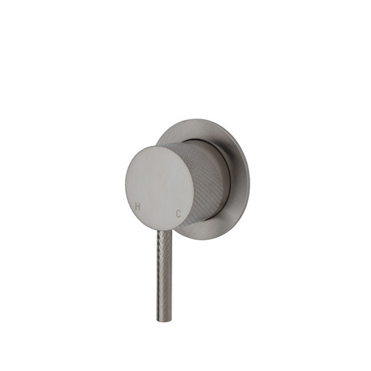 Brushed nickel textured, wall mixer with pin handle and small round plate.