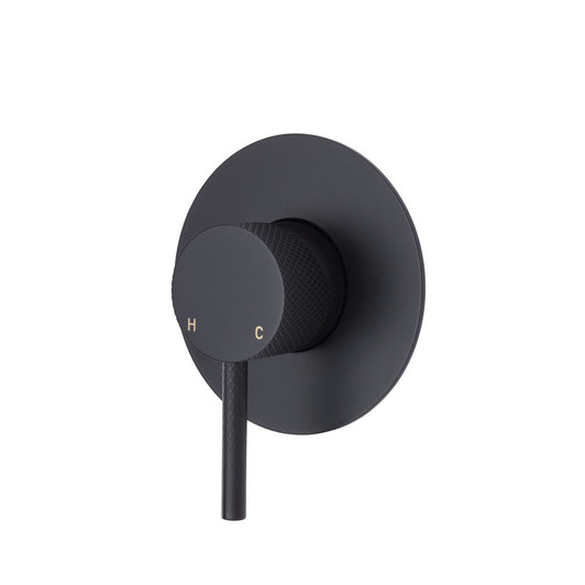 Matte black textured, wall mixer with pin handle and large round plate.