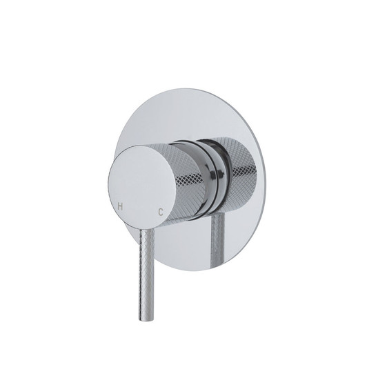 Chrome textured, wall mixer with pin handle and large round plate.