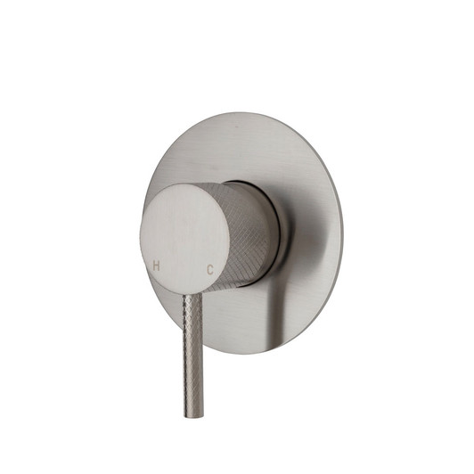 Brushed nickel textured, wall mixer with pin handle and large round plate.
