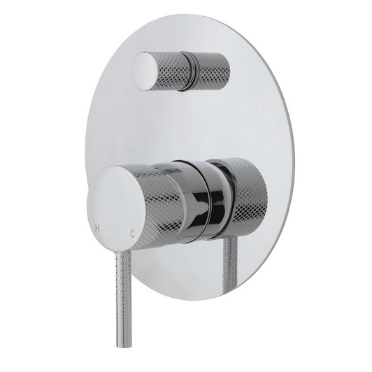 Chrome textured, wall mixer with diverter. Pin handle and large round plate.