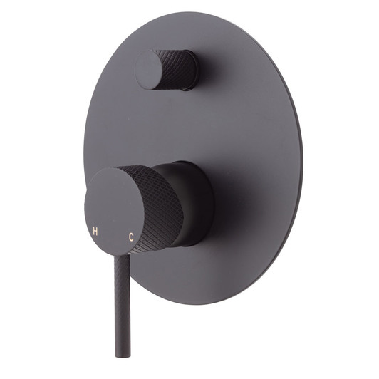 Matte black textured, wall mixer with diverter. Pin handle and large round plate.