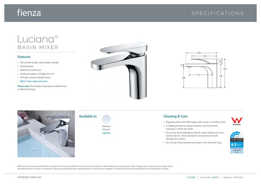 Specification sheet for the  Luciana Basin Mixer by Fienza.