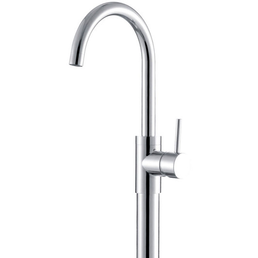 Close up shot of the goose-neck bath spout with attached mixer. Pin handle. Close up shot of the goose-neck bath spout with attached mixer. Pin handle.