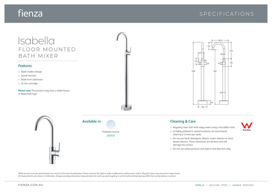 Specification sheet for the Isabella floor mixer and spout. Specification sheet for the Isabella floor mixer and spout.