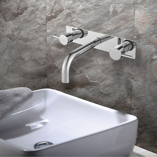 Chrome, fixed spout with round taps on a square plate Chrome, fixed spout with round taps on a square plate