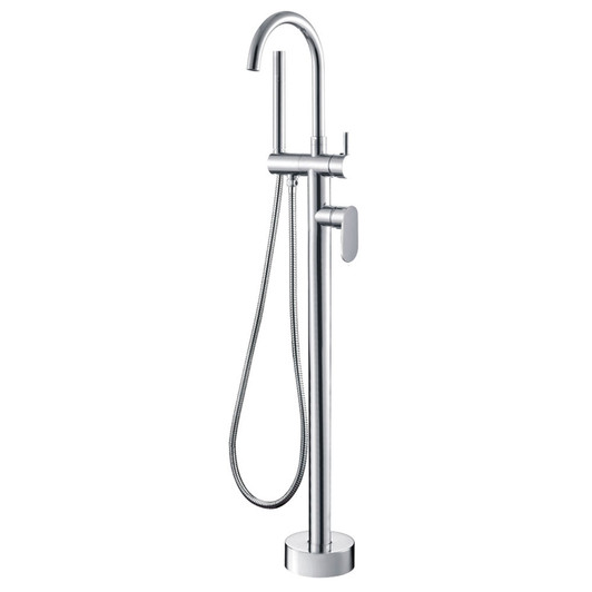 Product image of the Empire Floor Standing Mixer & Shower in chrome. A round, floor mounted hook spout with solid round base, an oblong mixer handle and pin lever diverter. The handheld shower head is thin and round.