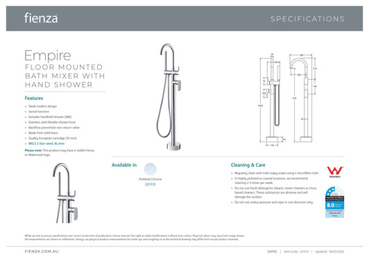 Specification sheet for the  Empire Floor Standing Mixer & Shower by Fienza