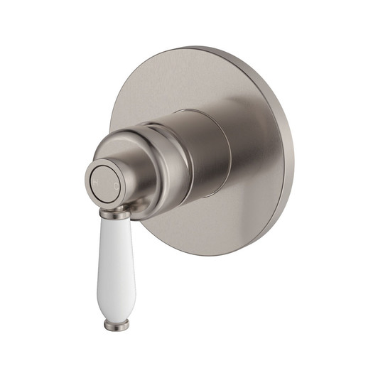 Modern vintage round wall mixer. Brushed nickel with white handle.