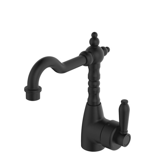 Product image of the Eleanor Shepherds Crook Basin Mixer in matte black. Traditional style tap with matching matte black handle.