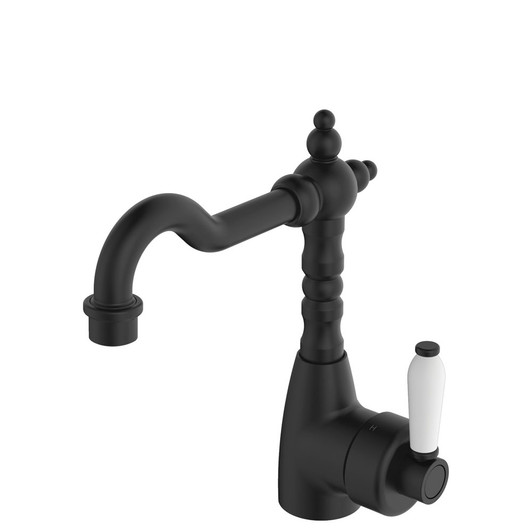 Product image of the Eleanor Shepherds Crook Basin Mixer in matte black with white ceramic handle.
