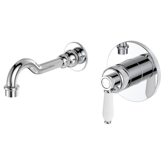 Chrome modern vintage spout and wall mixer with white ceramic handle.
