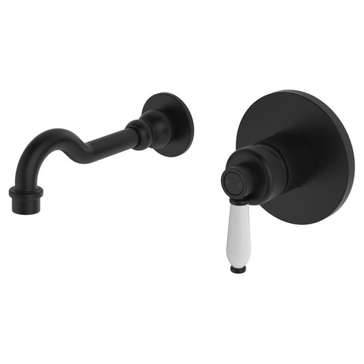 Matte black modern vintage spout and wall mixer with white ceramic handle.