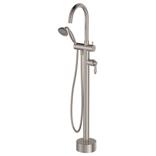 Eleanor Floor Mixer & Shower in brushed nickel with a white lever. A floor mounted goose-neck bath mixer with traditional handheld shower head. Eleanor Floor Mixer & Shower in brushed nickel with a white lever. A floor mounted goose-neck bath mixer with traditional handheld shower head.