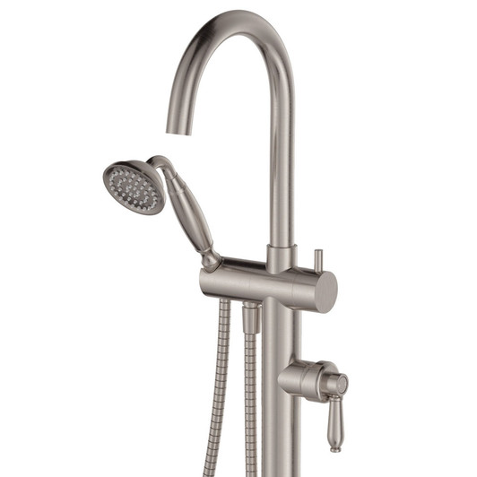 Brushed nickel floor mounted goose-neck bath mixer with a traditional handheld shower head. Brushed nickel floor mounted goose-neck bath mixer with a traditional handheld shower head.