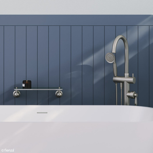 Brushed nickel floor mounted gooseneck bath mixer with handheld shower head. Brushed nickel floor mounted gooseneck bath mixer with handheld shower head.