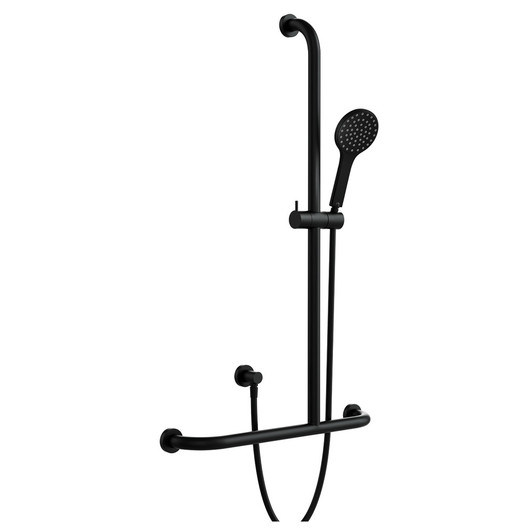 Matte black round hand held shower head on a round rail with an attached grab bar. HUSTLE CARE Matte black round hand held shower head on a round rail with an attached grab bar. HUSTLE CARE