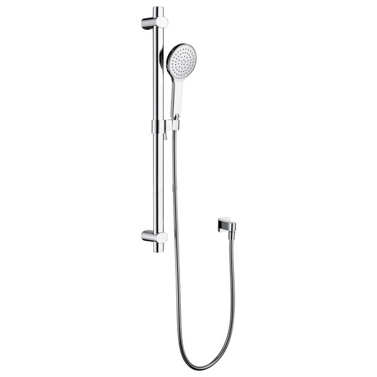 Chrome, hand held shower on a round rail.